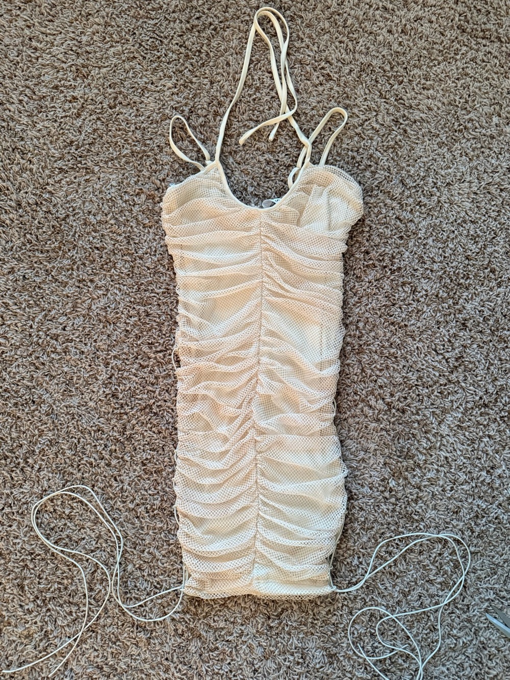 Ruched Cream Mini Dress with Tie Straps